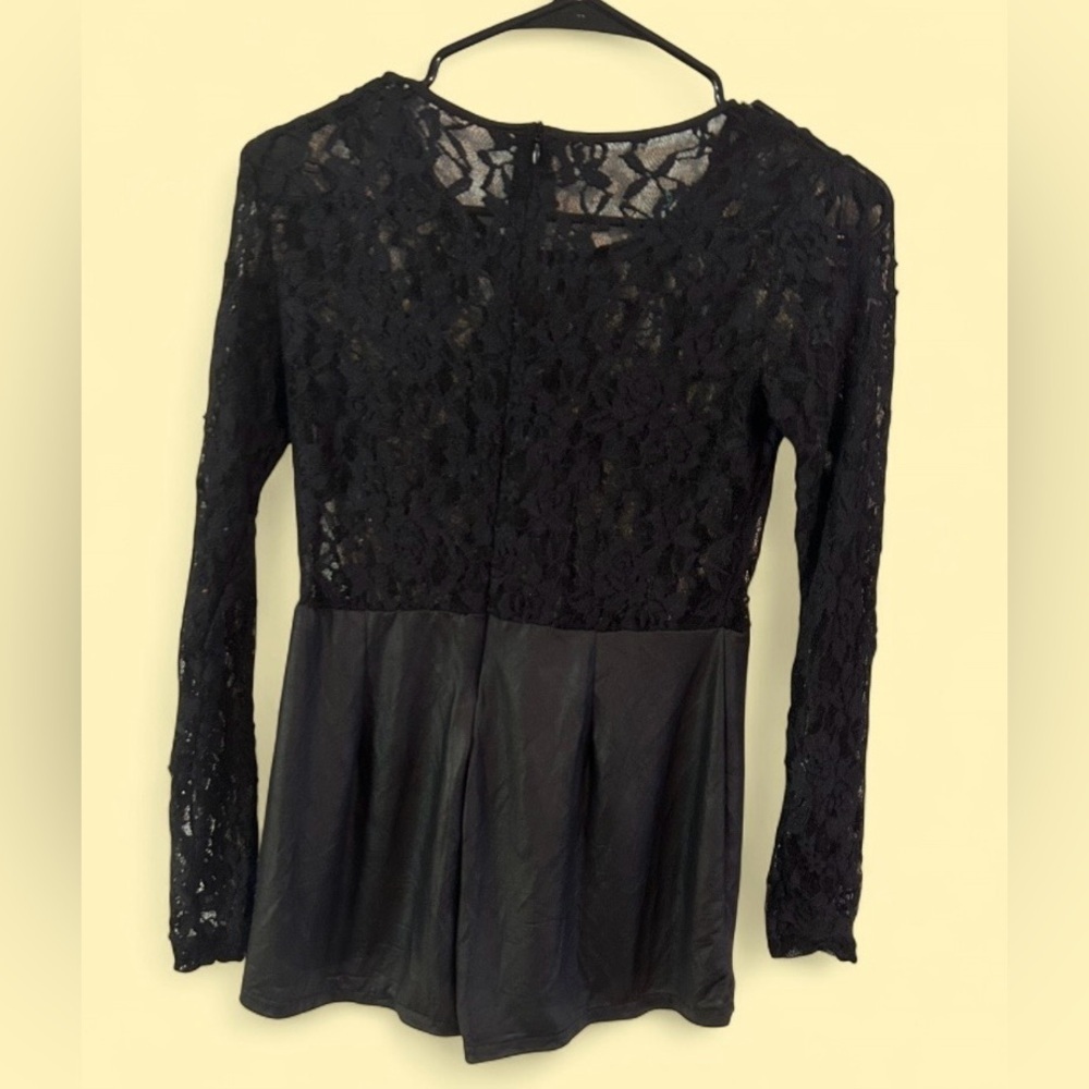Black Lace Long Sleeve Romper Mesh Top w/ Faux Leather Shorts - Picture 4 of 4